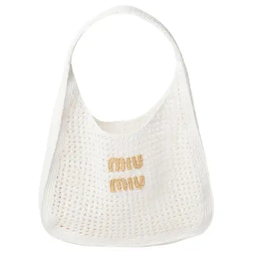 MIU MIU Raffia Fiber Blended Fabric Heart Moon Bag, Handbag, Shoulder Bag Women's White & Natural