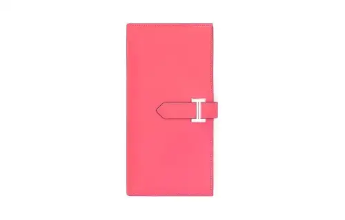 HERMES Bearn Silver Tone Buckle Epsom Calfskin Wallet Women's 8W Rose Azalee New Lipstick Powder