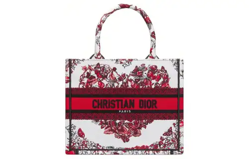 DIOR BookTote Embroidery Tote Bag, Shopping Bag, Handbag Small Women's White & Red