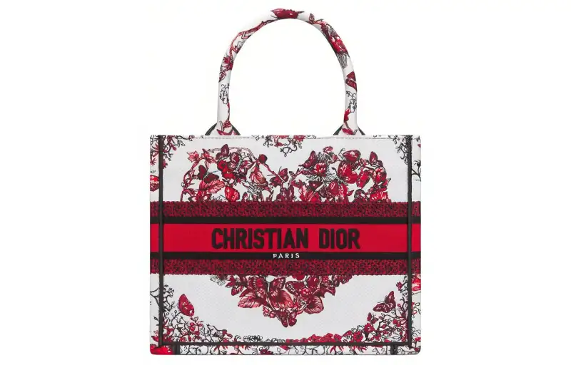 DIOR BookTote Embroidery Tote Bag, Shopping Bag, Handbag Small Women's White & Red