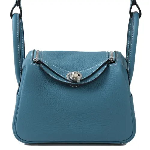 HERMES Lindy Taurillon Clemence Cow Leather Handbag 19 Women's D2 NEW BLEU JEAN New Denim Blue