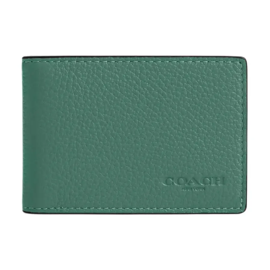 COACH Billfold Wallet Refined Pebbled Leather Wallet, Card Holder Men's Bright Green