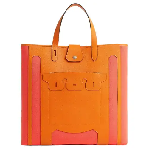 HERMES Calfskin With Canvas Tote Bag, Shopping Bag, Handbag Women's Orange