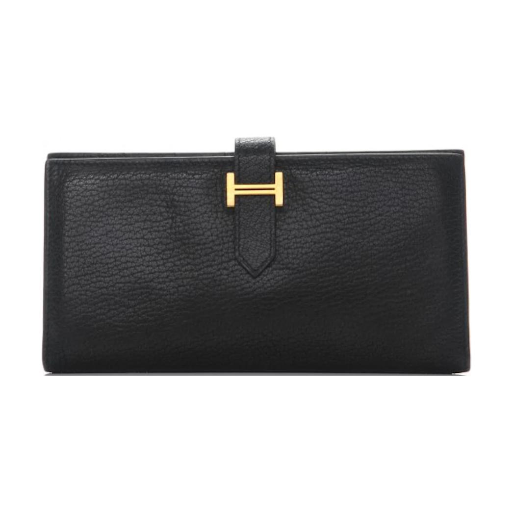 HERMES Bearn Gold tone Lock Chevre Mysore Goatskin Wallet Women's 89 Noir Black