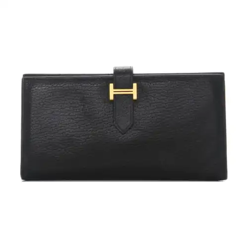 HERMES Bearn Gold tone Lock Chevre Mysore Goatskin Wallet Women's 89 Noir Black