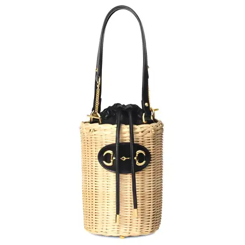 GUCCI Woven Wicker With Leather One Shoulder Handbag, Crossbody Bag Small Women's Beige/Black/Gold