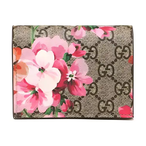 GUCCI GG Blooms Canvas With Leather Card Holder, Wallet Women's Ebony/Pink