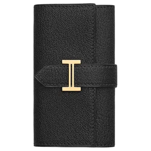 HERMES Bearn Gold tone Lock Mysore Goat Skin Key Pouch Unisex 89 Noir Black