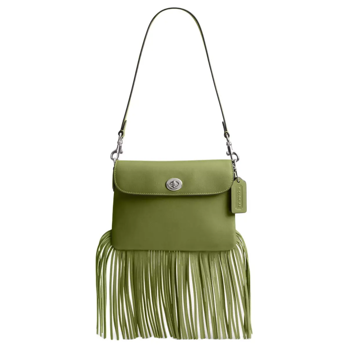COACH 1964 Fringe Leather Handbag, Shoulder Bag Small Women's Silver & Dark Lime