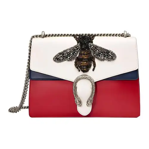 GUCCI Dionysus Leather Shoulder Bag, Crossbody Bag Medium Women's White/Red/Dark Blue