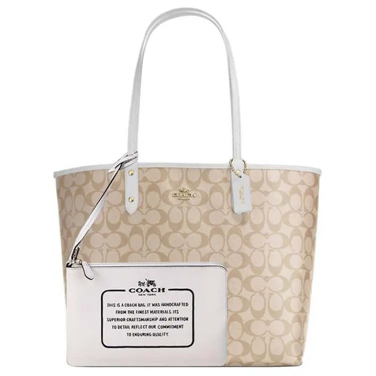 COACH Coated Canvas Tote Bag, Shopping Bag, Combo Bag, Handbag, Shoulder Bag Large Women's White & Khaki