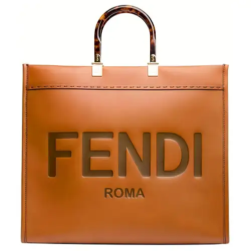 FENDI Sunshine Cow Leather Tote Bag, Shopping Bag, Handbag Large Unisex Brown