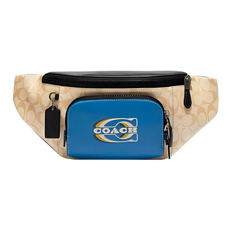 COACH Track Cow Leather With Coated Canvas One Shoulder Crossbody Fanny Pack Large Men's Blue & Beige