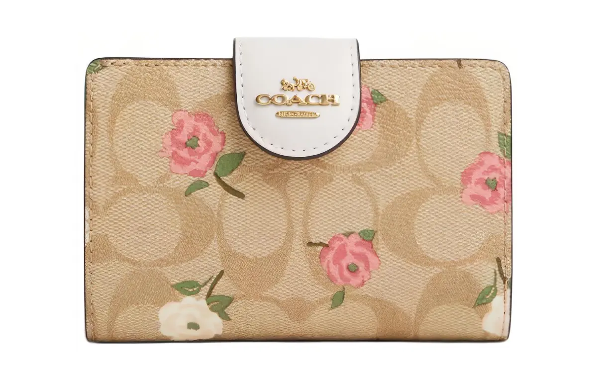 COACH Corner Zip Coated Canvas With Leather Wallet Women's Gold & Light Khaki & Chalk Multicolor