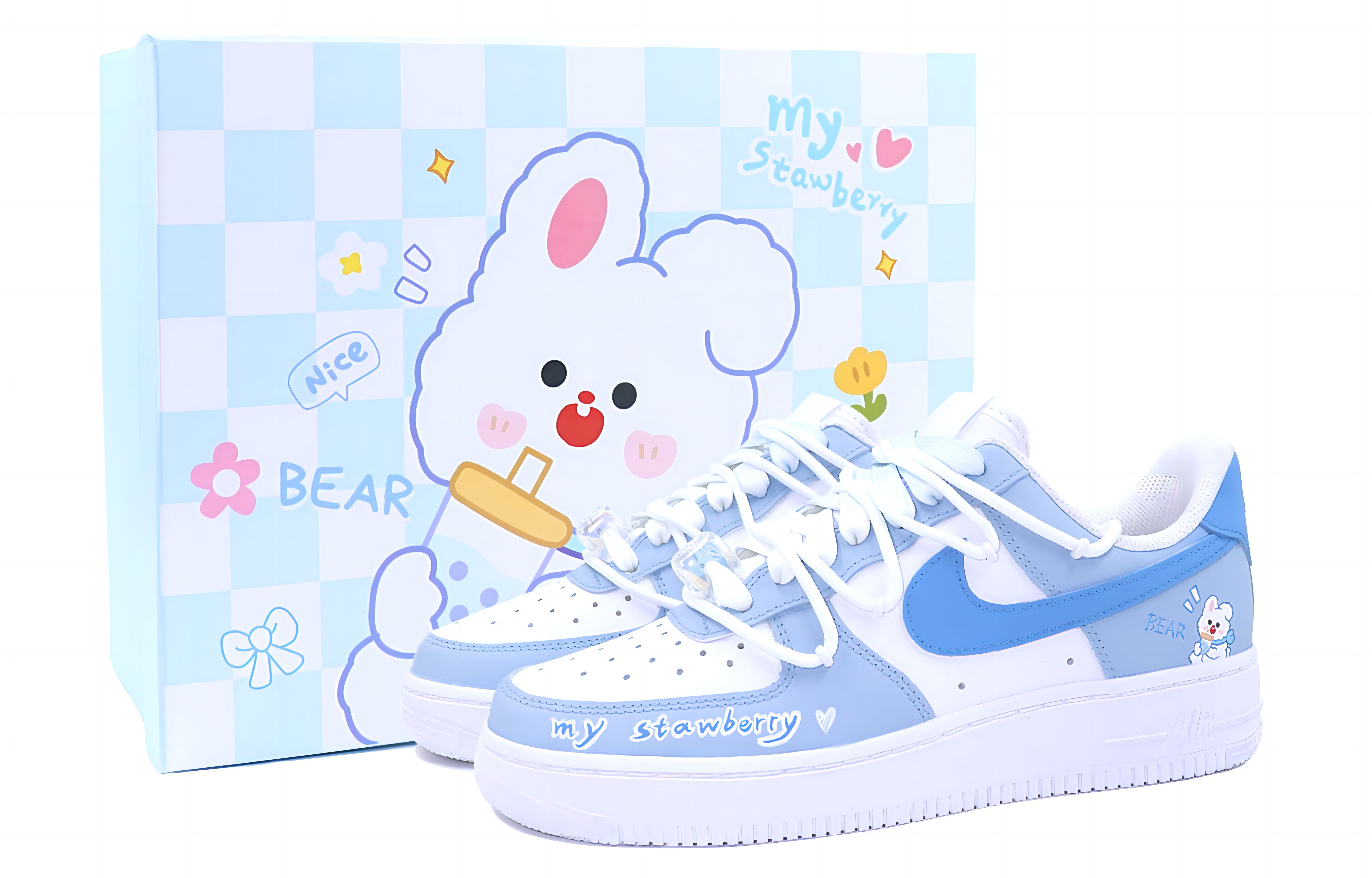 【Индивидуальные кроссовки】 Nike Air Force 1 Морское молоко кролик кролик милый заграждение специальное подарочное коробку звезды будущее универсальное нескользящие Шоковое поглощение, устойчивый к износу, низкий, низкий панель обувь женский синий белый