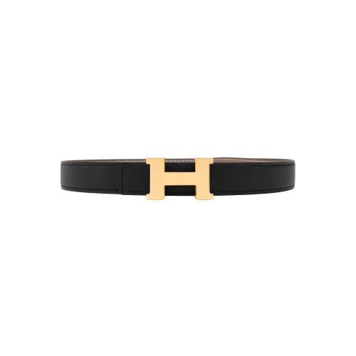 HERMES Mors H Double Sided, Smooth Buckle Leather Belts Women's Black Width 2.4CM