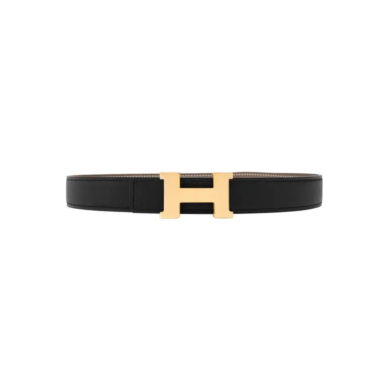 HERMES Mors H Double Sided, Smooth Buckle Leather Belts Women's Black Width 2.4CM