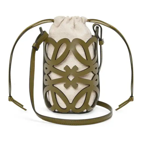 LOEWE Anagram Calfskin With Canvas Bag, Bucket Bag, Shoulder Bag, Crossbody Bag Women's Olive & Beige