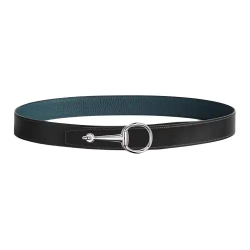 HERMES Palladium Plated Metal, Calfskin Leather Belts Men's Width 3.2cm