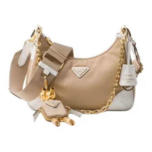 PRADA Re Edition Recycled Nylon With Leather Crossbody Bag, Shoulder Bag Women's Camel & White