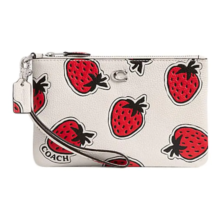 COACH Wristlet Pebbled Leather Clutch Small Women's White & Red