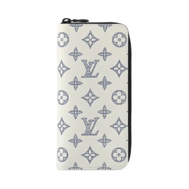 LOUIS VUITTON Zippy Monogram Shadow Embossed Print Cow Leather Wallet Unisex White Marine