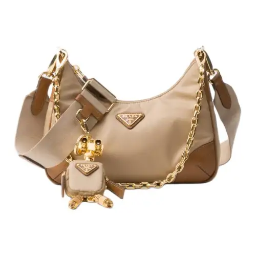 PRADA Re Edition Recycled Nylon With Leather Shoulder Bag, Crossbody Bag Women's Camel