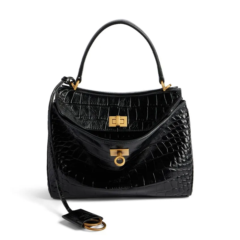 Balenciaga Rodeo Soft Crocodile Pattern Embossed Cow Leather Shoulder Bag, Crossbody Bag, Handbag Mini Women's Black