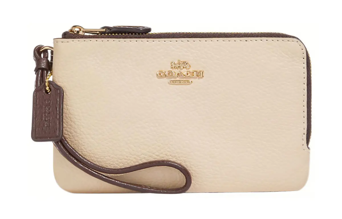 COACH Double Zip Wallet Polished Pebbled Leather Clutch Wrist Bag Small Women's Ivory White