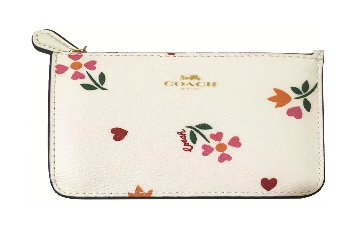 COACH Corner Zip Leather Wrist Bag Coin Purses Women's White