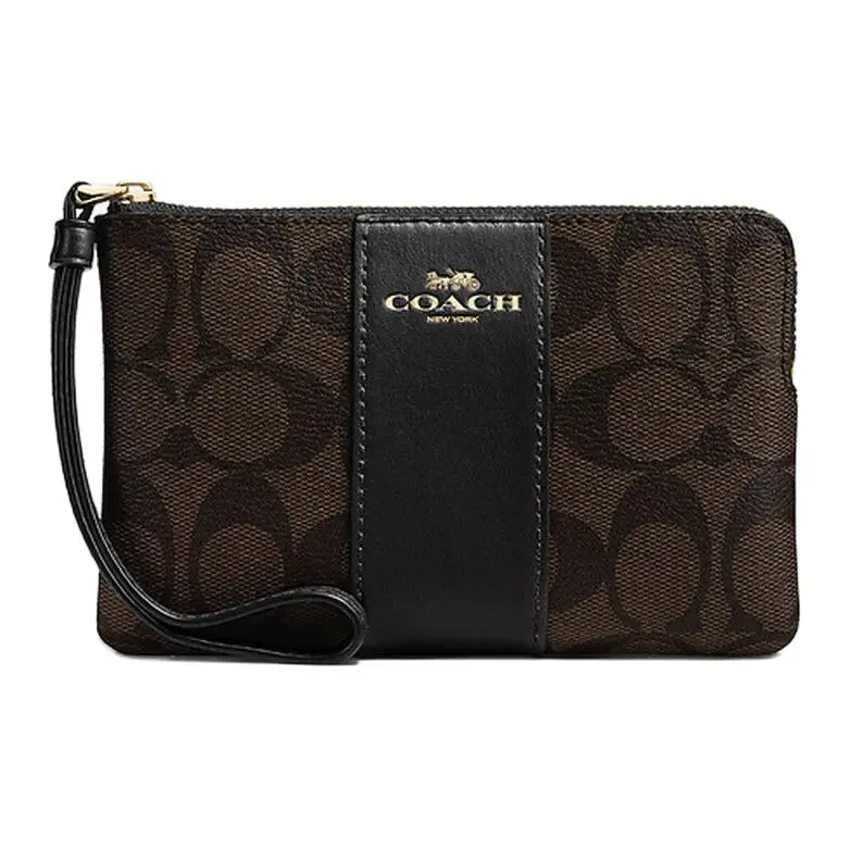 COACH Corner Zip Coated Canvas With Recycled Leather Clutch Small Women's Brown Black