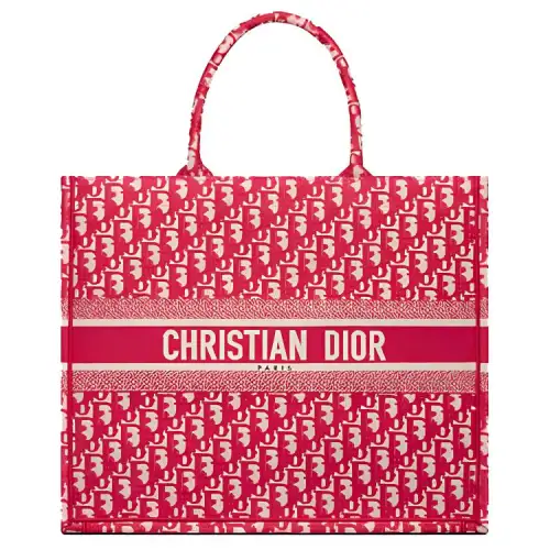 DIOR BookTote Embroidery Tote Bag, Shopping Bag, Handbag Women's Candy Raspberry
