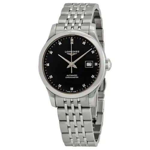 LONGINES Mechanical mechanism, waterproof women's watch, black dial, case stainless steel, watch strap, 30meter, 30mm
