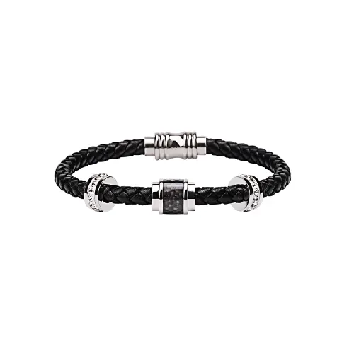 MUSTKOO Titanium Steel Cow Leather Bracelets Men's Black