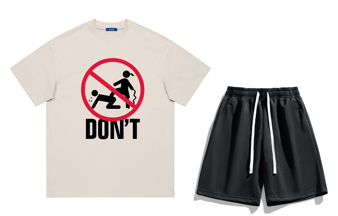 COMOWA Love is not endless abuse. Fun creative no-letter Logo print loose drop-shoulder heavy cotton short-sleeve T-shirt and shorts casual sportswear set, unisex