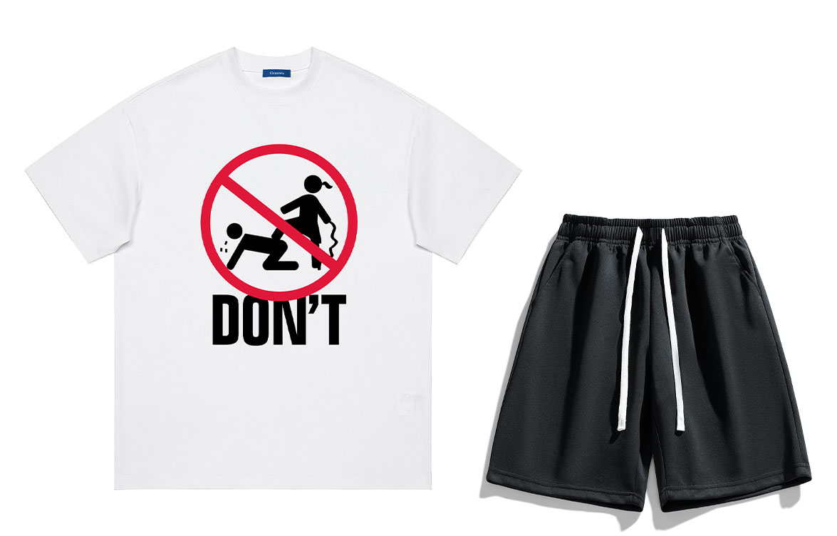 COMOWA Love is not endless abuse. Fun creative no-letter Logo print loose drop-shoulder heavy cotton short-sleeve T-shirt and shorts casual sportswear set, unisex