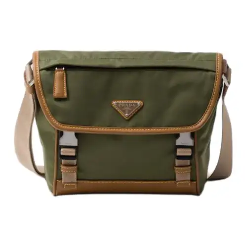 PRADA Recycled Nylon With Leather Crossbody Bag, Shoulder Bag Women's Khaki & Camel