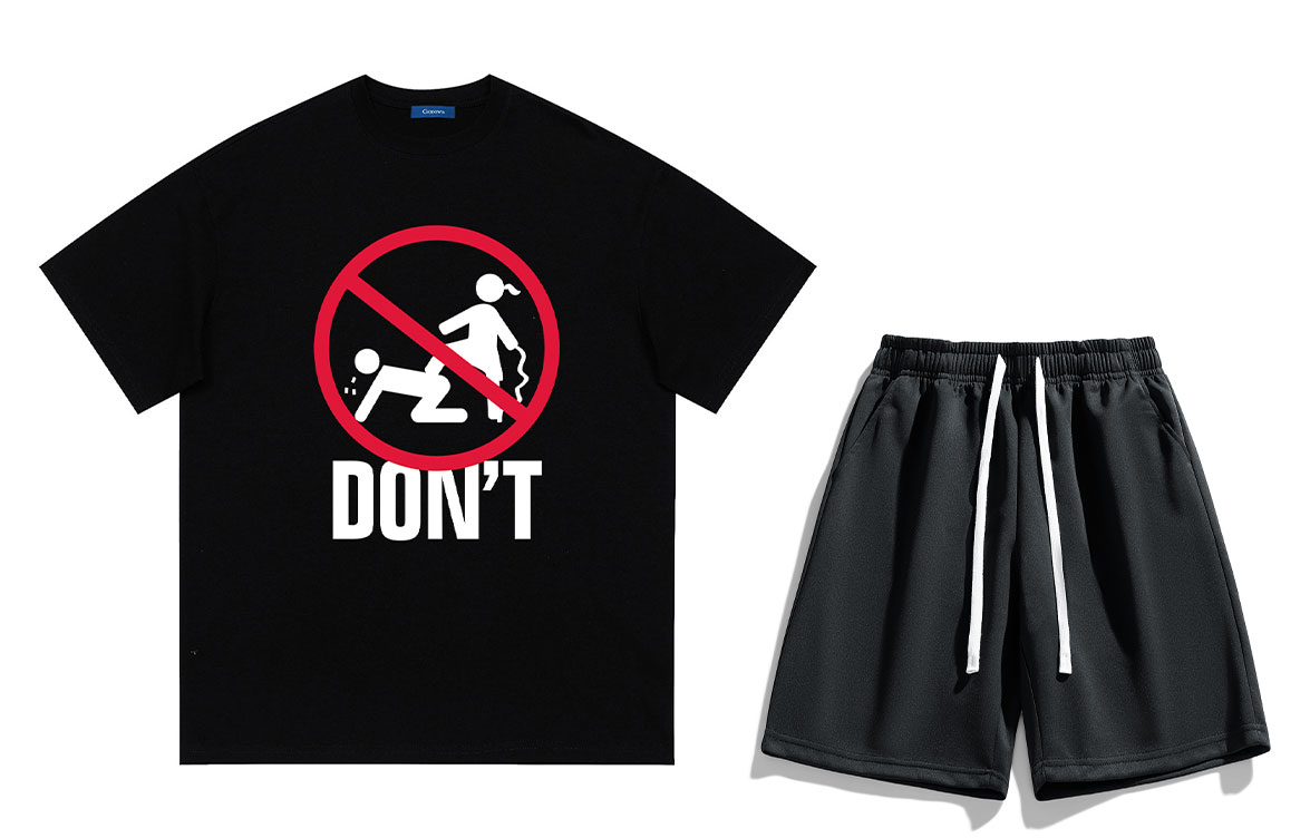 COMOWA Love is not endless abuse. Fun creative no-letter Logo print loose drop-shoulder heavy cotton short-sleeve T-shirt and shorts casual sportswear set, unisex