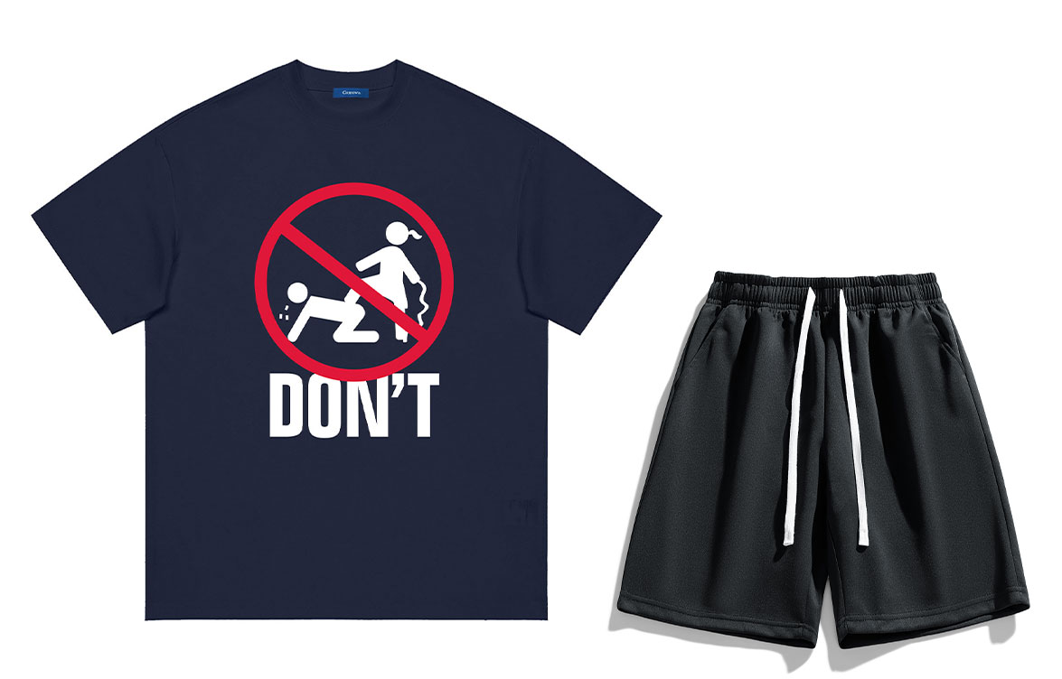 COMOWA Love is not endless abuse. Fun creative no-letter Logo print loose drop-shoulder heavy cotton short-sleeve T-shirt and shorts casual sportswear set, unisex
