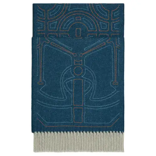 HERMES Printed Pattern Cashmere Knit Scarves Unisex Blue