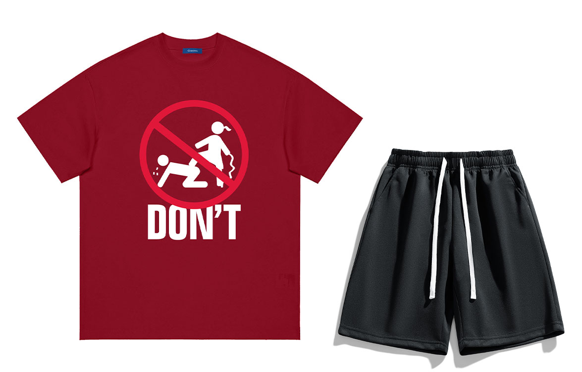 COMOWA Love is not endless abuse. Fun creative no-letter Logo print loose drop-shoulder heavy cotton short-sleeve T-shirt and shorts casual sportswear set, unisex