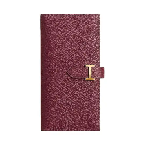 HERMES Bearn Gold tone Lock Epsom Calfskin Wallet Women's Red & Orange