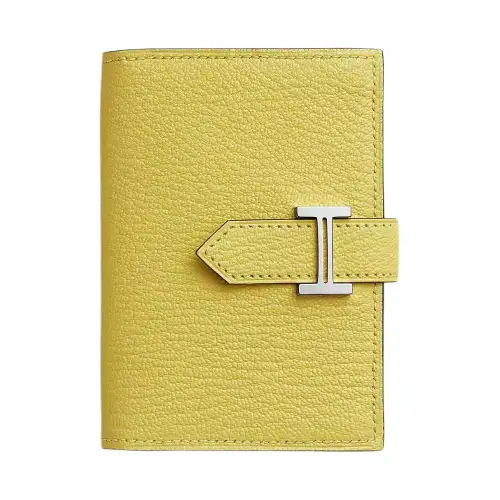 HERMES Bearn Silver Tone Buckle Mysore Goat Skin Card Holder Women's 0Y Limoncello Lemon Yellow