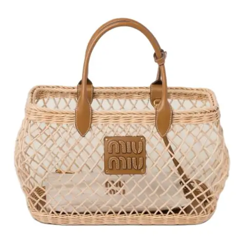 MIU MIU Woven Leather Trim Shoulder Bag, Crossbody Bag, Handbag Women's Tan & Caramel