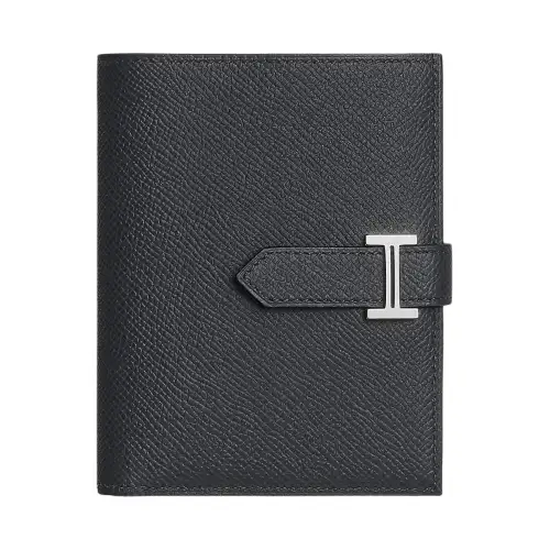 HERMES Bearn Silver Tone Buckle Epsom Leather Card Holder, Wallet Women's 76 Bleu Indigo