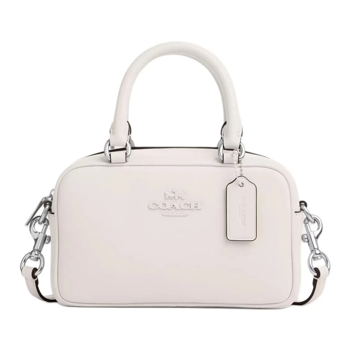 COACH SATCHEL Smooth Leather Bowling Bag, Shoulder Bag, Crossbody Bag, Handbag Medium Women's Silver & White