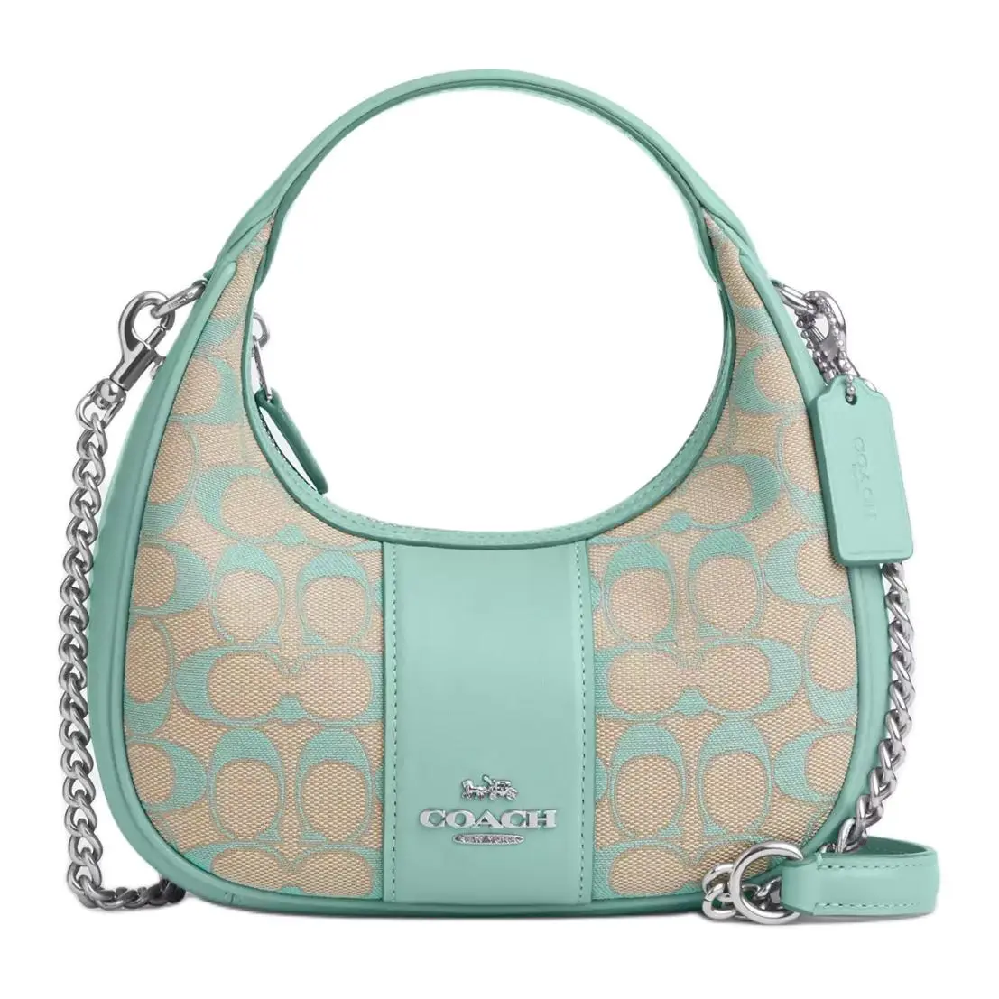 COACH Iconic Jacquard With Smooth Leather Handbag, Shoulder Bag, Crossbody Bag Small Women's Silver & Faded Blue