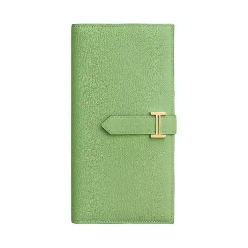 HERMES Bearn Gold tone Lock Mysore Goat Skin Wallet Women's 3I Vert Criquet Avocado Green & Cricket Green
