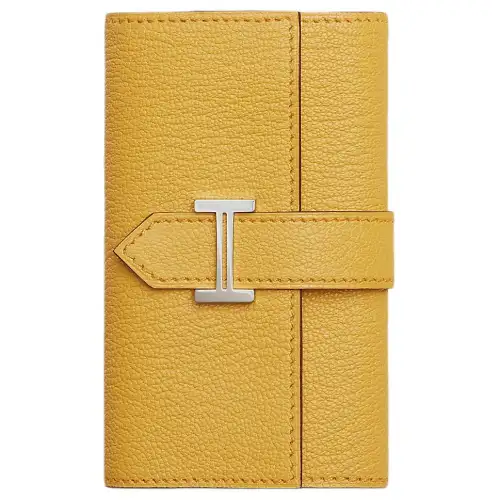 HERMES Bearn Silver Tone Buckle Mysore Goat Skin Key Pouch Unisex Sun Yellow