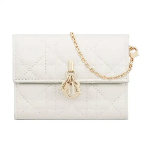 DIOR Wicker Pattern Sheepskin Wallet Extra Mini Women's Milk White